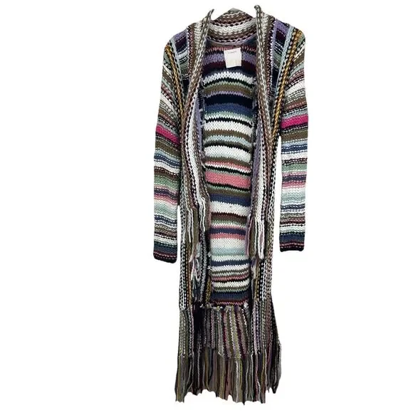 T Party Multi-Color Fringe Knit Maxi Cardigan Size M Medium - Picture 2 of 5